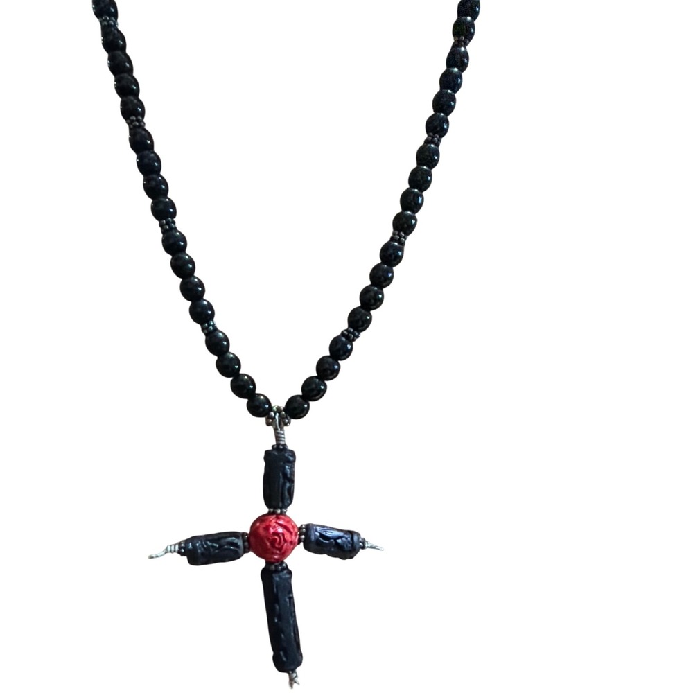 Bead Retreat Black Beaded Necklace Red Rose Carved Cross Pendant Toggle Clasp